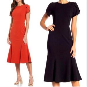 Calvin Klein NWT Navy Mermaid Silhouette MIDI Dress with Tulip Sleeves